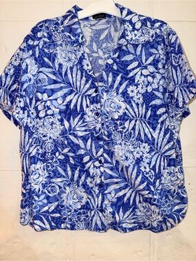 Erika Blue & White Tropical Button-Down Blouse